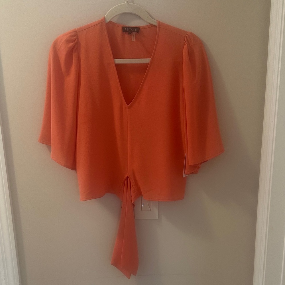 STATE Women's Melon Orange V-neck Tie-Front Blouse